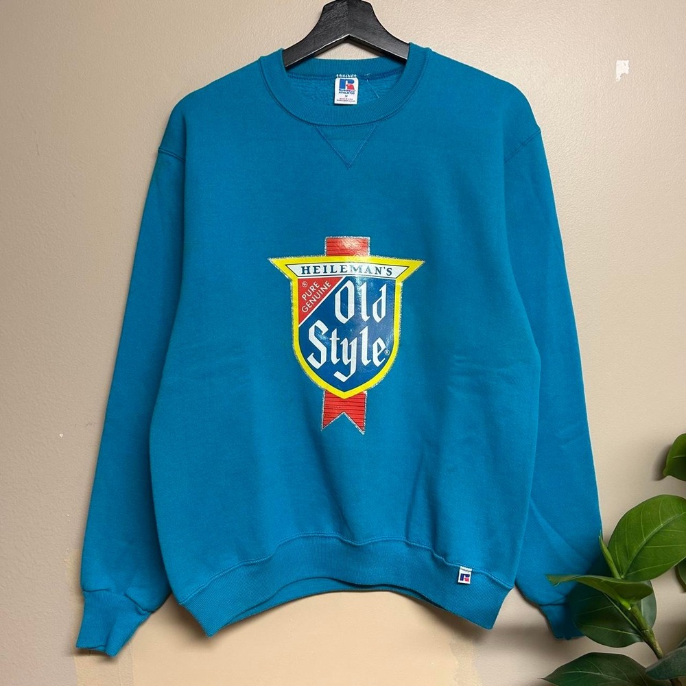 Vintage 80s Russell Athletic Old Style Beer Sweatshirt Mens Medium Blue USA Made